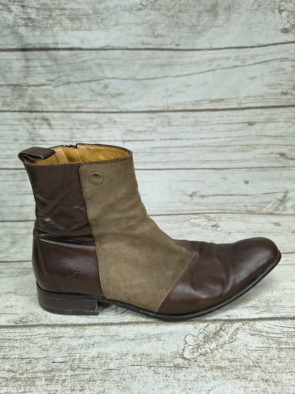 John Fluevog Winklepicker Zip Up Ankle Boots Two Tone Suede Leather Men Size 9
